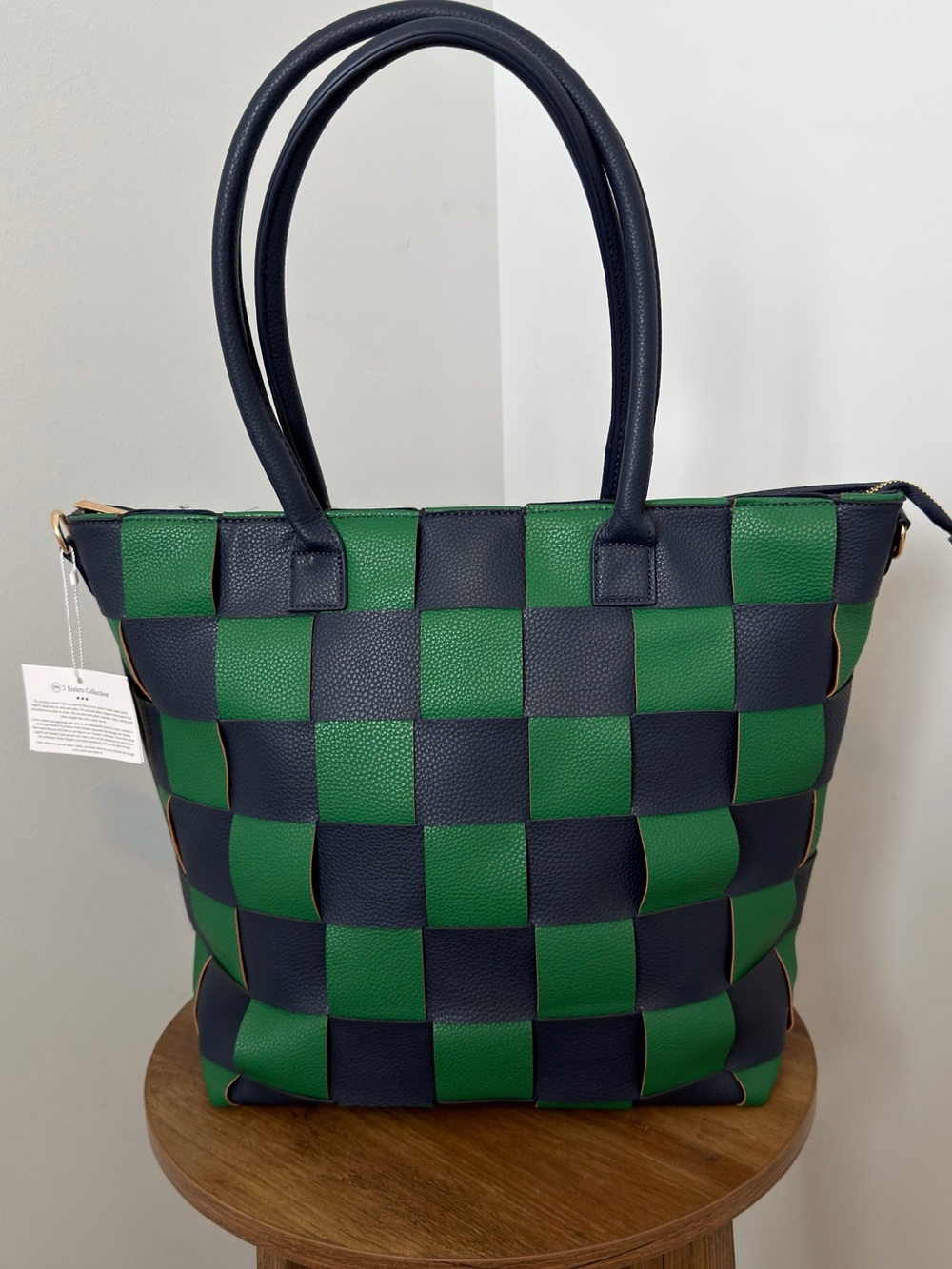 Woven Checker Tote Bag in Green and Navy - Women's Handbag